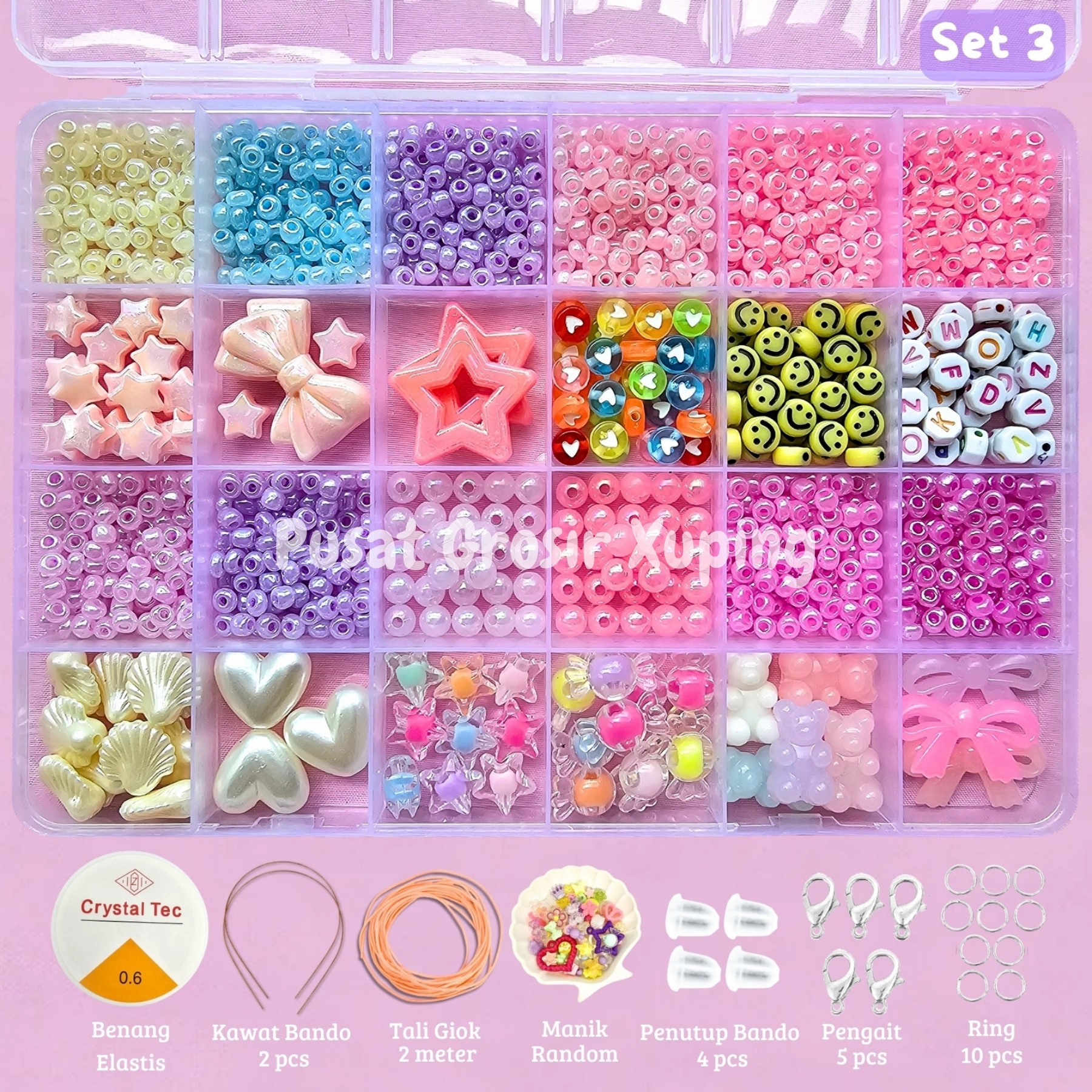DIY Craft Kit Gelang Manik Manik Aesthetic - Manik Manik Pasir 1 Box Lengkap - Set Pernak Pernik Meronce Mote - SET 3